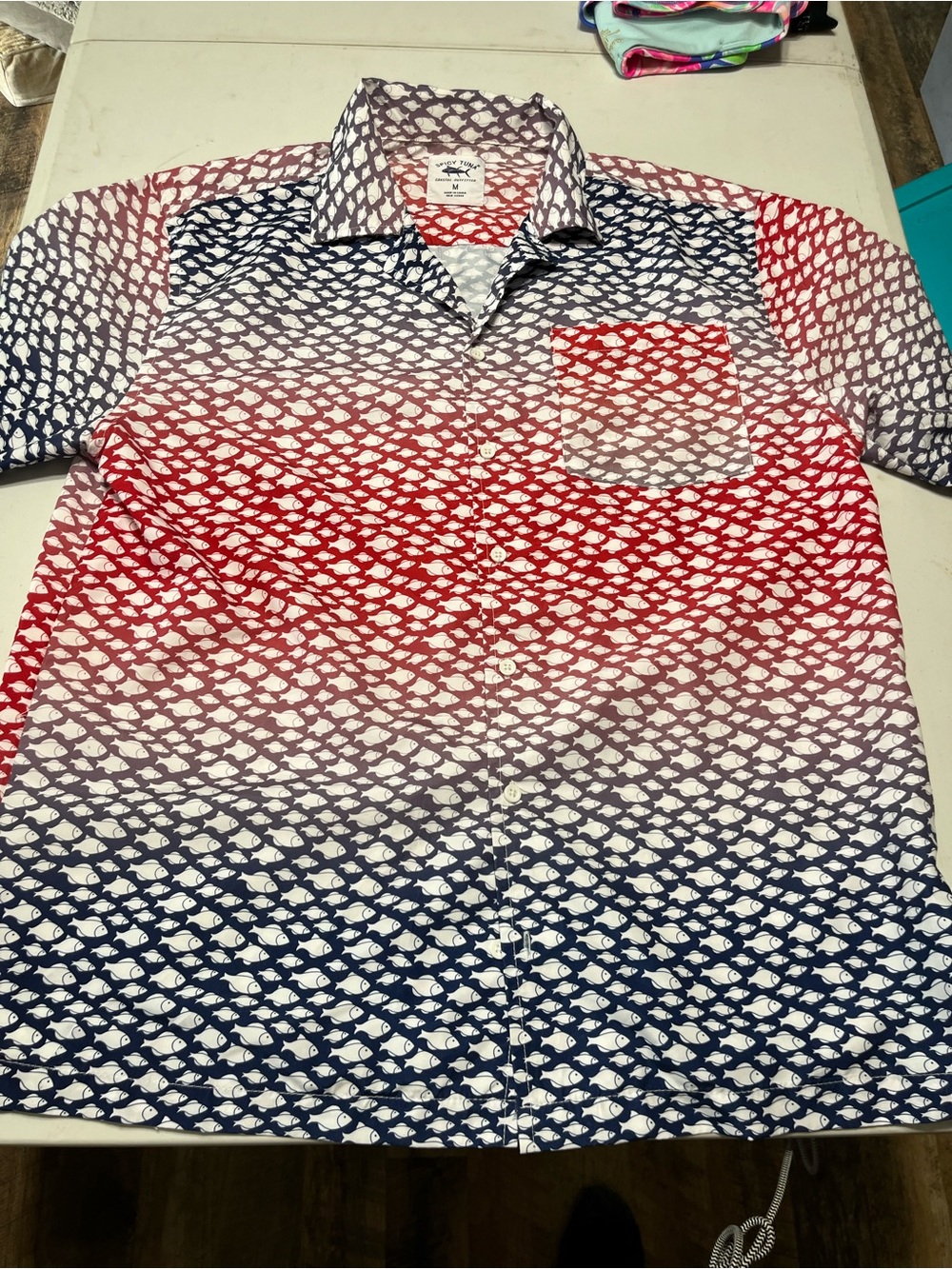 Spicy Tuna Fishing Sun Shirt Mens MediumFish Graphic Short Sleeve Red White Blue